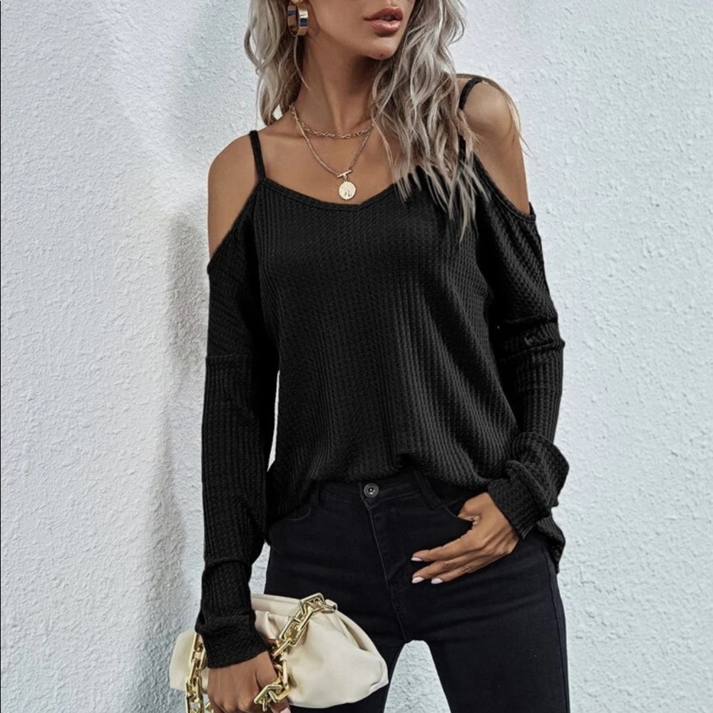 Black Waffle knit long sleeve cold shoulder top - Picture 1 of 10